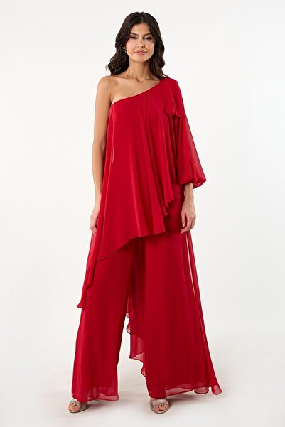 Spazio Nevilio Tek Kol Omuz Aksesuar Detaylı Abiye Tulum KIRMIZI