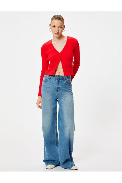 Koton V-Neck Corded Knitwear Cardigan - Long Sleeve and Button