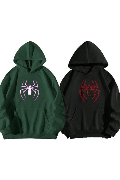 Moda Glo Unisex Πράσινη Μαύρη Αράχνη με στάμπα Oversize Hoodie - 3 κλωστές βαμβακερή κουκούλα