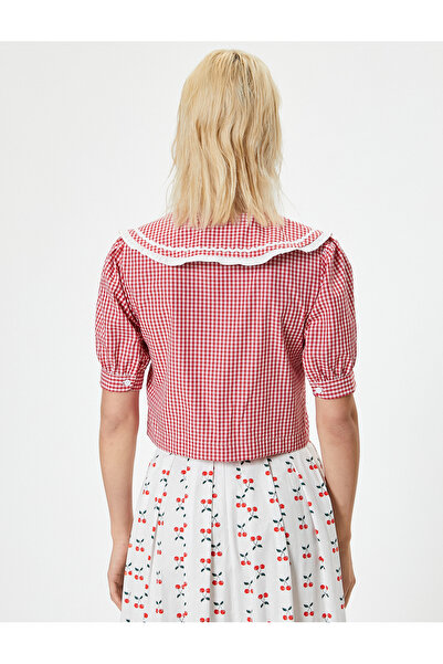 Koton Széles baba galléros ballon ujjú Crop ing Gingham hímzéssel