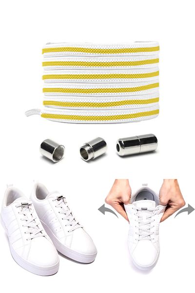 SHELAX Yellow Smart White Laces - Practical Elastic Metal Locking Flat Shoelaces