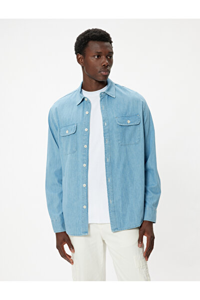 Koton Βαμβακερό μπουφάν τζιν πουκάμισο Oversize - Λεπτομέρεια με μακριά μανίκια και τσέπη