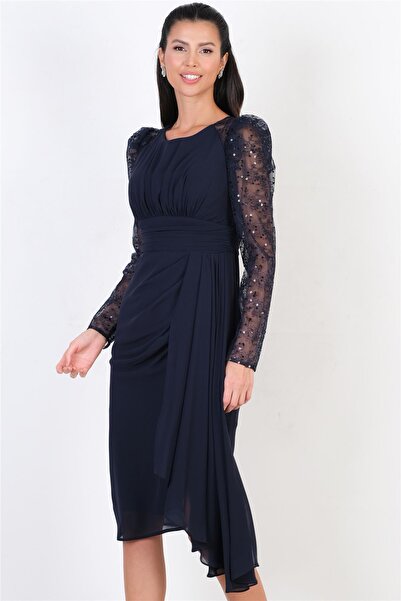 Spazio Ombra Kol Tül Beli Drapeli Kısa Abiye Elbise LACİVERT