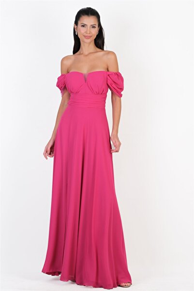 Spazio Cliceria U Yaka Beli Drapeli Yırtmaçlı Uzun Abiye Elbise FUŞYA