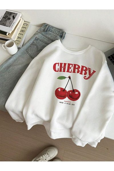 Moda Glo Cherry-Happy-Printed White Crew Neck Sweatshirt - Oversize Unisex Thick Winter