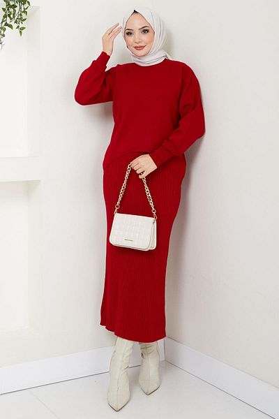 hafsamina Red Knitwear Gilet Sweater and Suit - Hm2597