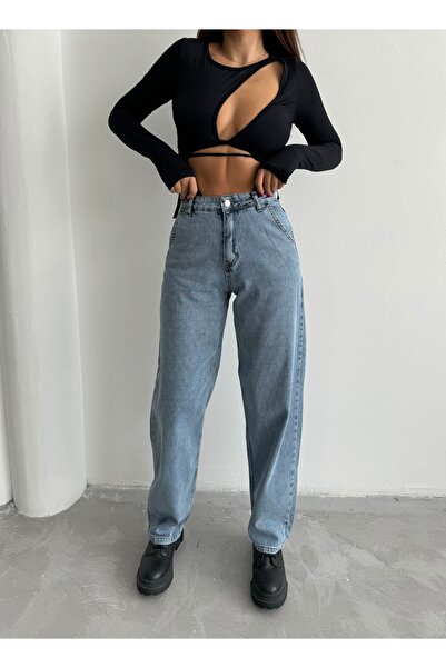 Swet Shop Jeans Kadın Mavi Kar Yıkama Rengi Yüksek Bel Skater Fit Bol Kesim B...