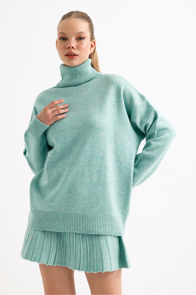 Sina Triko Mint Green Pleated Mini Skirt Turtleneck Sweater Bottom Top Knitwe...