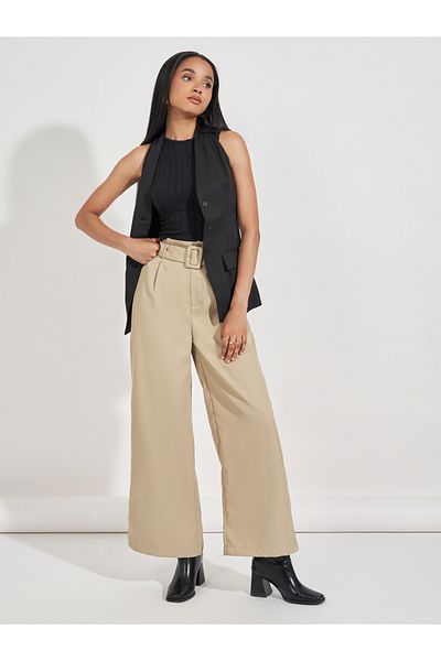 Styli High Rise Wide Leg Belted Twill Pants