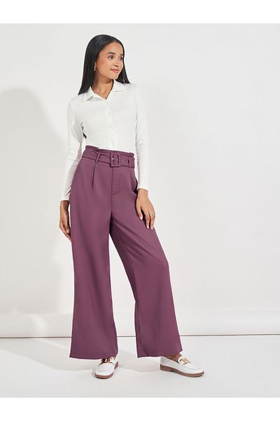 Styli High Rise Wide Leg Belted Twill Pants