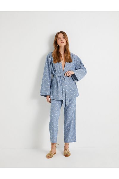 Koton Kimono Waist Belted Floral Embroidered Scalloped
