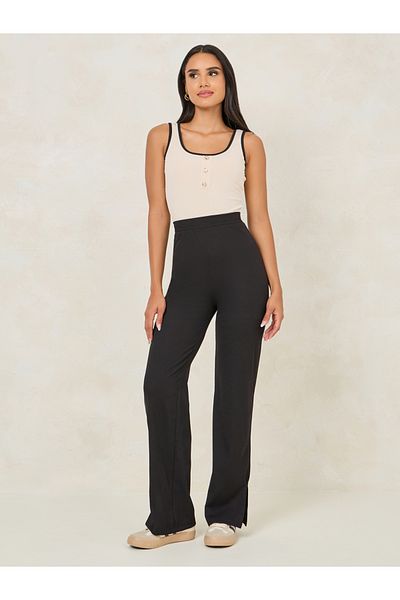 Styli Ribbed Straight Pants with Side Slit
