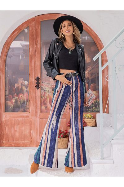Russty Dustty By Styli High Rise Multi Striped Flared Pants