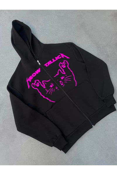 LUMİART Women's Three-Thread Winter Printed Zippered Hooded Cardigan - Black