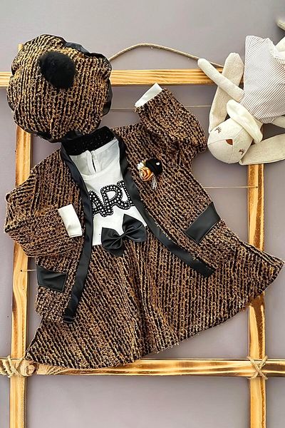 Murat Baby Baby Girl Rose Embroidered Hat Brown Jacket Dress
