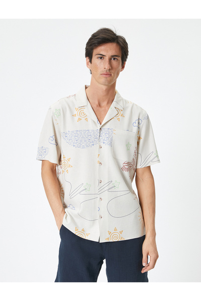 Koton Літній гольф з відкладним коміром з візерунком і кишенями Льняна суміш Regular Fit