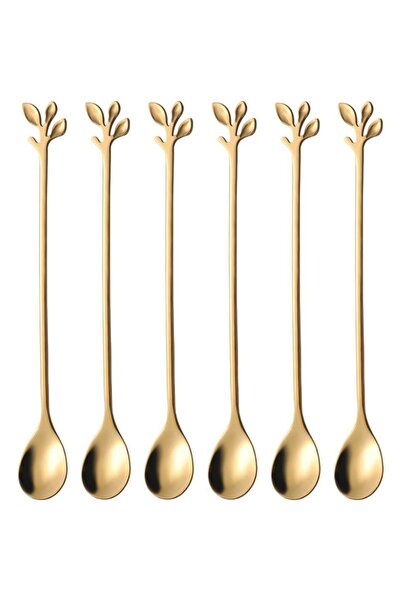 Choice 6pcs 6pcs/Set Long Handle 7.4-Inch Leaf Teaspoons Gold Stainless Steel Coffee stirring spoon Kitchen