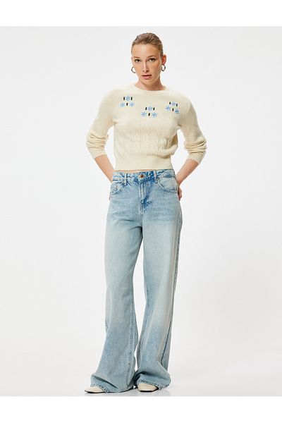 Koton Long Sleeve Soft Textured Floral Knitwear Sweater