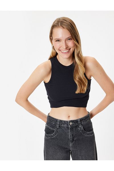 Koton Asymmetric Cut Crop Corded Tank Top - Crew Neck