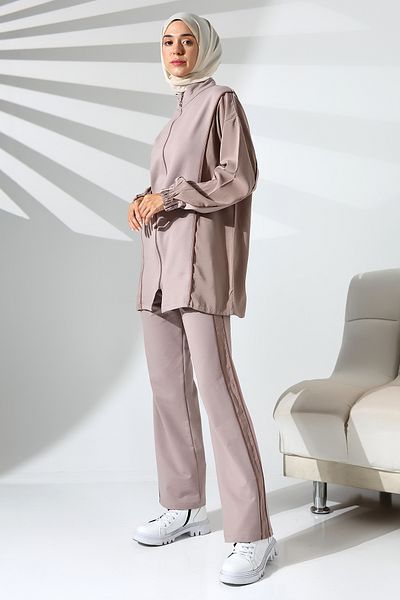 Mihran Butik Γυναικείο εποχιακό χτενισμένο βαμβακερό μπλουζάκι αθλητικό και άνετο σετ χιτζάμπ Dusty Rose