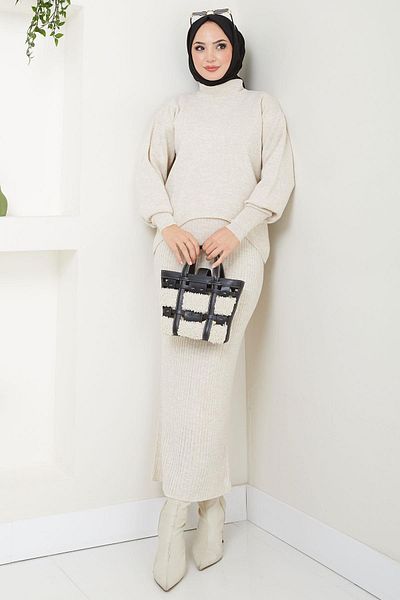 hafsamina Stone Colored Knitwear Gilet Sweater and Suit - Hm2597