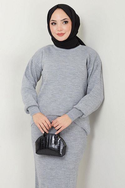 hafsamina Gray Knitwear Gilet Sweater and Tablóe Set - Hm2597
