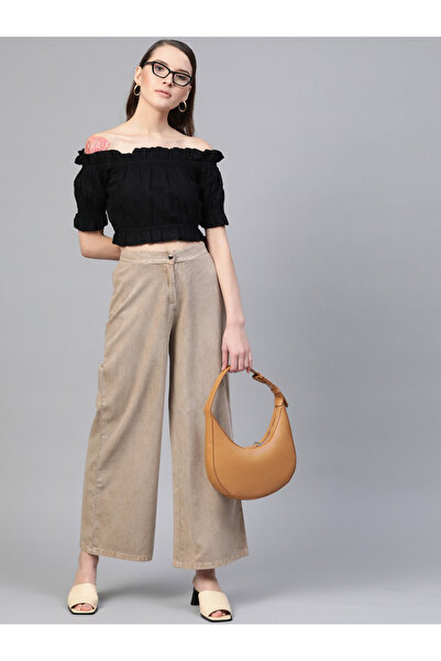 Sassafras By Styli Denim Wide Leg Pants with Half-Elastic Waistband