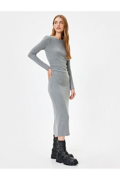 Koton Μακρυμάνικο Midi Pencil Φόρεμα με ραβδώσεις - Crew Neck, Slim Fit