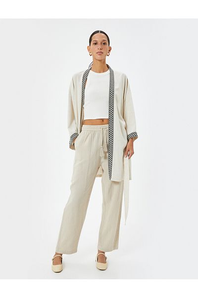 Koton Oversize Linen Viscose Kimono - 3/4 Sleeve Pattern and Belt Detail