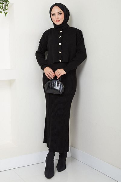hafsamina Black Knitwear Gilet Set - Hm2581