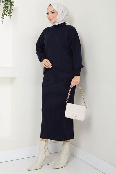 hafsamina Navy Blue Gilet Sweater and Knitwear Set - Hm2597