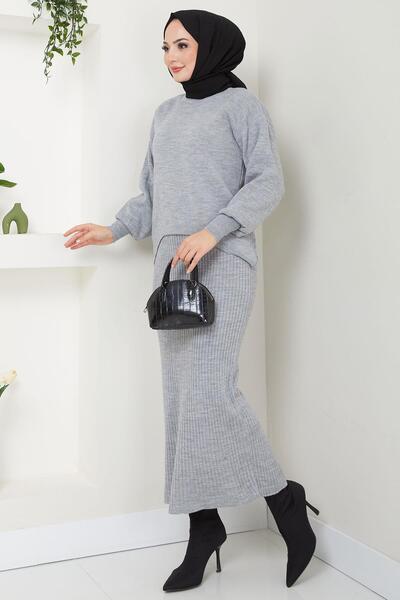 hafsamina Gray Knitwear Gilet Sweater and Tablóe Set - Hm2597