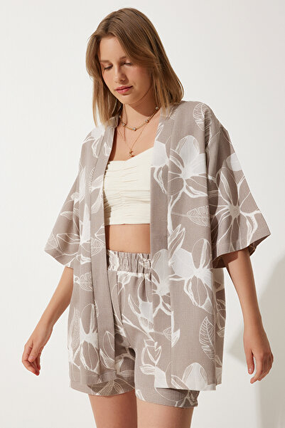 Lovelyİstanbul Καλοκαιρινό ακατέργαστο λινό σορτς κιμονό με τροπικό σχέδιο ST...