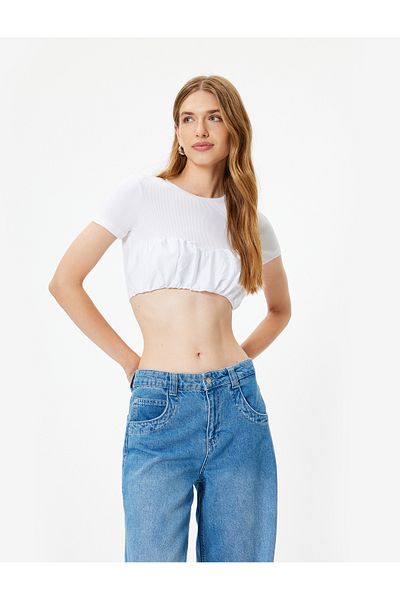 Koton Μπλουζάκι Skinny Crop με μπαλόνι - κοντό μανίκι, στρογγυλή λαιμόκοψη, βαμβακερό