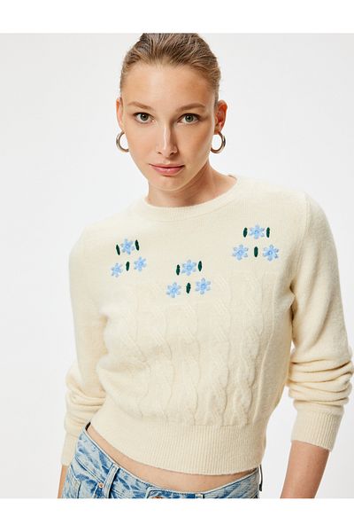 Koton Long Sleeve Soft Textured Floral Knitwear Sweater