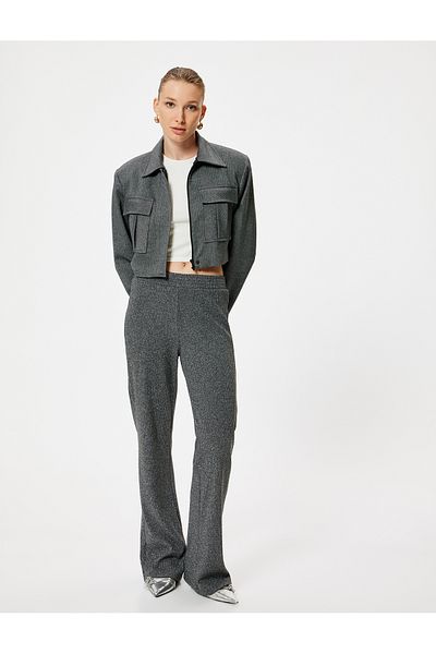 Koton Wide Leg Ribbed Trousers with Metallic Thread Detail