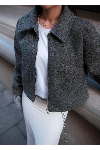 JaMolls Trendy Loose-Fit Stamped Wool Look Bomber Jacket - Zippered and Pocket Detailed