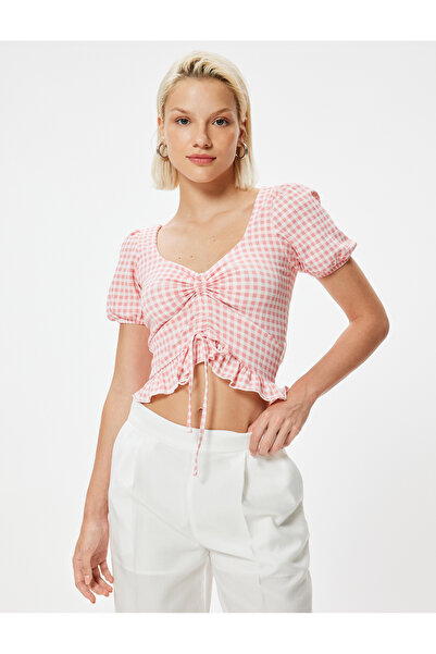 Koton Tričko Gingham Peplum Crop Bow Detailní nařasený Slim Fit