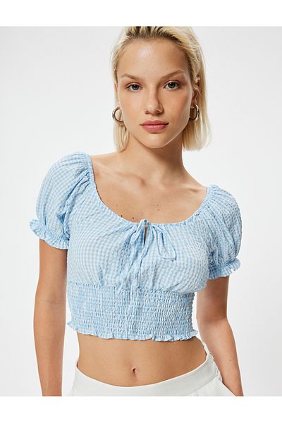 Koton Μπλούζα Poplin Crop - Μπαλόνι μανίκι και λεπτομέρεια γραβάτας Gippeli