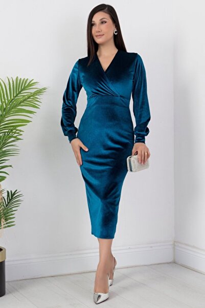 JANES Жіноча оксамитова сукня з манжетами та V-подібним вирізом