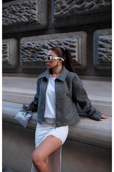 JaMolls Trendy Loose-Fit Stamped Wool Look Bomber Jacket - Zippered and Pocket Detailed