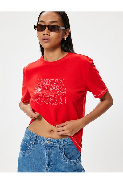 Koton Crew Neck Slogan Embroidered Short Sleeve T-Shirt