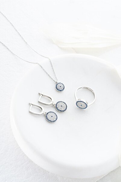 Nereze 925 Ayar Gümüş Minik Nazar Model Küpe Yüzük Ve Kolye Set