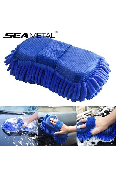 SEAMETAL Microfiber Blue Chenille Car Wash Brush - Pad Cleaning, Sponge Care Washing