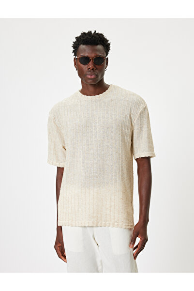 Koton Short Sleeve Oversize Crew Neck Textured Linen T-Shirt
