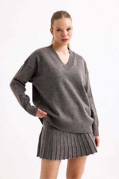 Sina Triko Mink Pleated Mini Skirt V-Neck Sweater Bottom Top Knitwear Set