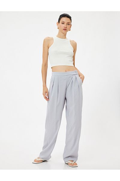 Koton Modal Fabric Wide Leg Trousers with Pockets and Pleat Detail