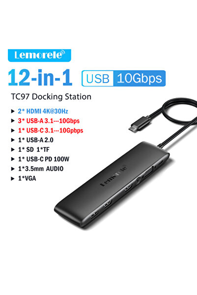 Choice محطة إرساء 12 في 1 من ليموريل TC97، موزع USB 3.1، محطة إرساء USB-C إلى منفذي HDMI بدقة 4K وسرعة 10 جيجابت في الثانية.