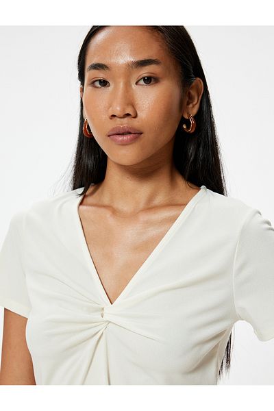 Koton V-Neck Draped Short Sleeve T-Shirt