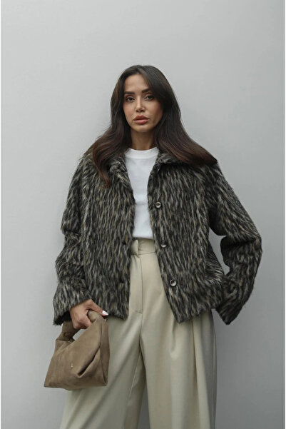 sinemkivanc co Leopárdmintás gombos réteges gallérral bélelt rövid pehelykabát